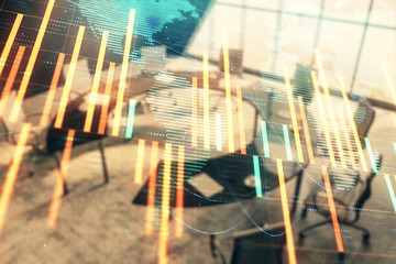 Double exposure of stock market graph with globe hologram on conference room background. Concept of international finance