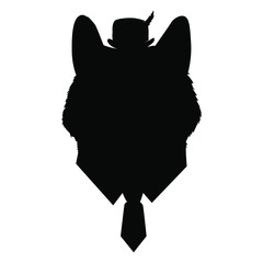 Black silhouette of a cat's head in a hat with a feather with a tie.