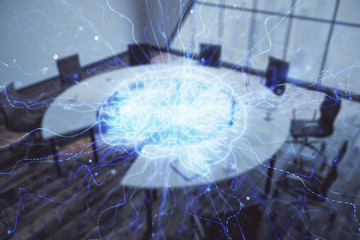 Double exposure of brain drawing hologram on conference room background. Concept of data analysis