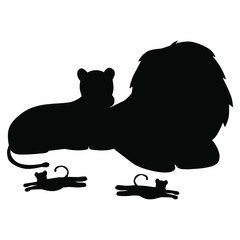 Silhouettes of a lion family, a lion lioness with two cubs.