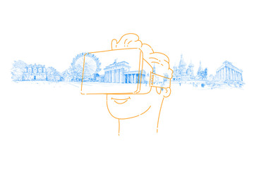 Person wearing virtual reality glasses and traveling the world, looking at landmarks. Virtual guide. New type of tourism concept. Hand drawn vector illustration