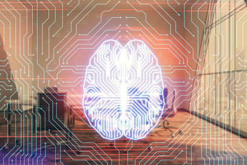 Double exposure of brain drawing hologram on conference room background. Concept of data analysis