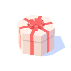 Beige gift box with red ribbon on white background.