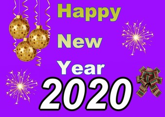 Happy new year lettering 2020 On a purple background with New Year's toys and fireworks