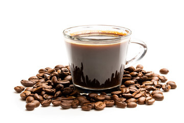 Black coffee in glass cup with beans isolated on white