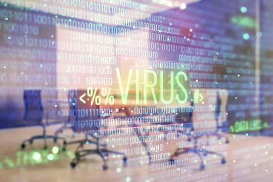 Double exposure of hacking theme hologram on conference room background. Concept of cyberpiracy