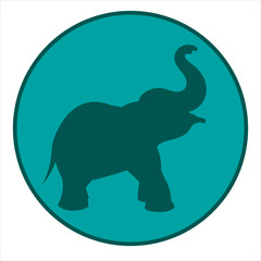 Round icon with a frame and a simple silhouette of an elephant. Turquoise. Vector illustration.