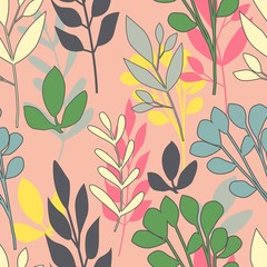 Abstract leaves seamless pattern on pink background.