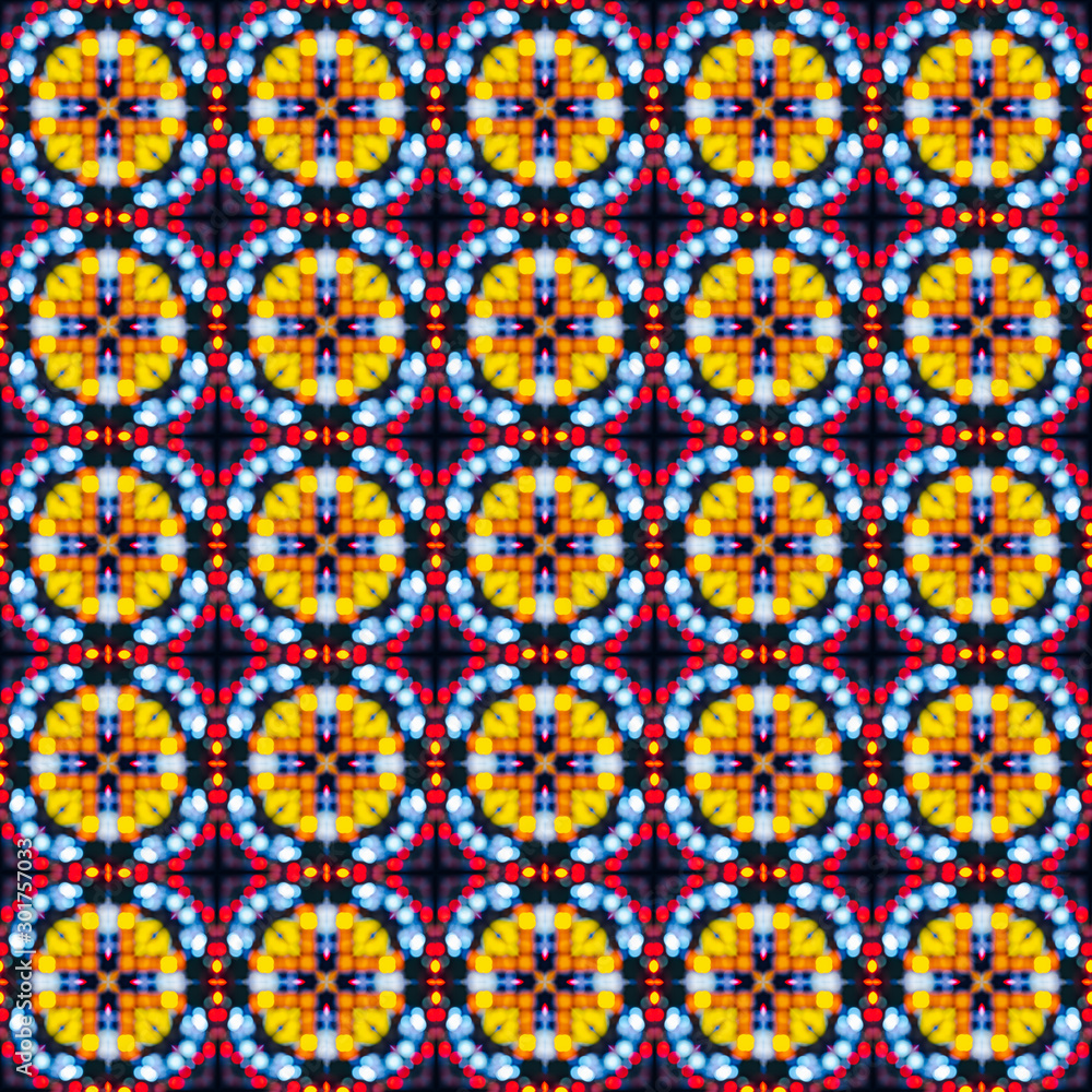Poster pattern mandala kaleidoscope abstract geometric colorful seamless background . cross repeated square