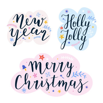 Collection of christmas and new year lettering ready compositions for greeting cards, posters or banners. Set or pre-made compositions with doodles and hand drawn illustrations for ready card design. 