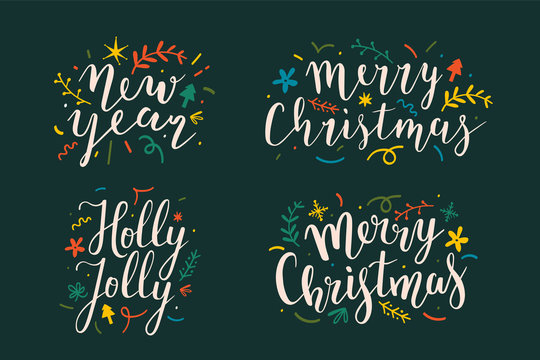 Collection of christmas and new year lettering script bouncing writings good for cards, posters or banners. Set or pre-made arrangements with doodles, floral elements for ready card design.