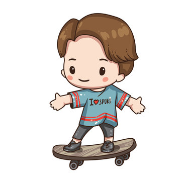Vector illustration of cute chibi character isolated on white background. Cartoon boy in sportswear isolated on white background. Boy on skateboard.