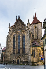 Fototapeta na wymiar Germany, Historical ancient impressive gothic church building of st mary, called marienkirche in downtown reutlingen city at the marketplace