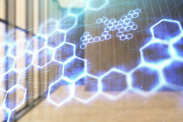 Double exposure of abstract technology hologram on empty room interior background.