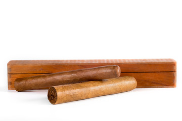 Cigars and case isolated on a white background.