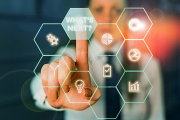 Conceptual hand writing showing What S Next Question. Concept meaning asking demonstrating about...