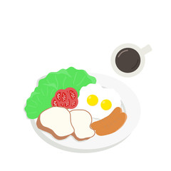 Two fried egg, slice bread, sausage, red tomato and green lettuce on white dish and white cup of coffee, copy space for your text on white background. Breakfast concept. illustrator design.