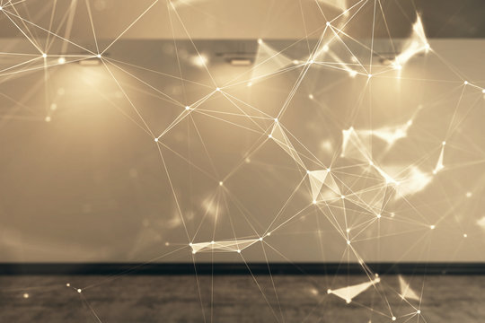 Double exposure of abstract technology hologram on empty room interior background. - Powered by Adobe