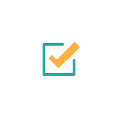 Valid Seal icon. Orange tick in blue squared box. Flat OK sticker icon. Isolated on white. Accept button. Good for web and software interfaces. Vector illustration. Check Mark.