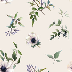 Picturesque seamless floral pattern depicting white anemones, green leaves and clematis branches with buds hand drawn in watercolor isolated on a light background. Watercolor floral background