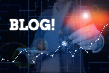 Conceptual hand writing showing Blog. Concept meaning regularly updated website web page run by individual or group Woman wear formal work suit present using smart latest device