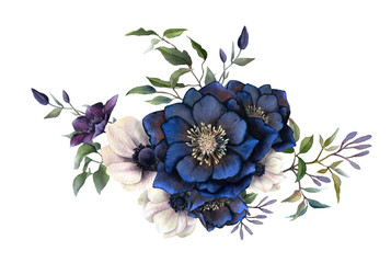 Malerische Anordnung von dunklen Nieswurz, Anemonen und Clematiszweigen, handgezeichnet in Aquarell isoliert auf weißem Hintergrund.Aquarellillustration.Ideal für die Erstellung von Einladungen, Hochzeitskarten © Tatiana