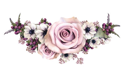 Picturesque floral arrangement of anemones, herbs, pink roses and nettles hand drawn in watercolor isolated on a white background.Watercolor illustration.Ideal for creating invitations, greeting cards