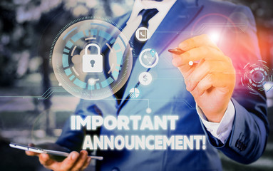 Word writing text Important Announcement. Business photo showcasing spoken statement that tells showing about something Picture photo system network scheme modern technology smart device