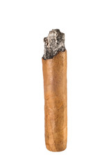Burnt cigar isolated on white background. Luxury Cuban cigar.