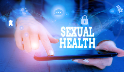 Writing note showing Sexual Health. Business concept for positive and respectful approach to sexual relationships Picture photo network scheme with modern smart device