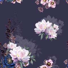 Seamless floral pattern depicting pink peonies arrangements with leaves, flowers, herbs, hellebores and their shadows hand drawn in watercolor isolated on a dark gray background. Watercolor background