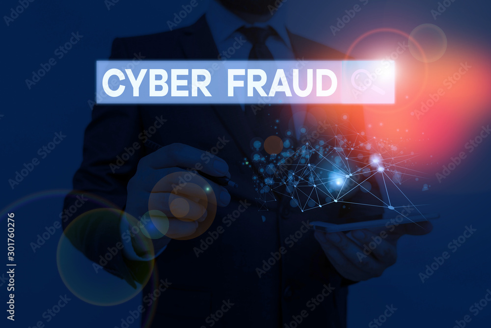Poster handwriting text writing cyber fraud. conceptual photo any crime that is committed with the use of a