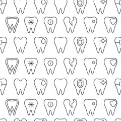 Seamless of tooth icons. Vector outline pattern of the dentist, clean, protect, treat, oral.