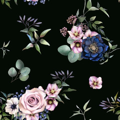 Seamless floral pattern depicting pink roses and hellebores arrangements with leaves, flowers and clematis branches hand drawn in watercolor isolated on a dark green background. Watercolor background.