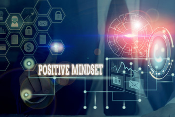 Conceptual hand writing showing Positive Mindset. Concept meaning mental attitude in wich you expect favorable results Picture photo network scheme with modern smart device