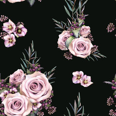 Seamless floral pattern depicting pink roses arrangements with leaves, hellebore flowers, herbs and french nettle hand drawn in watercolor isolated on a dark green background. Watercolor background.