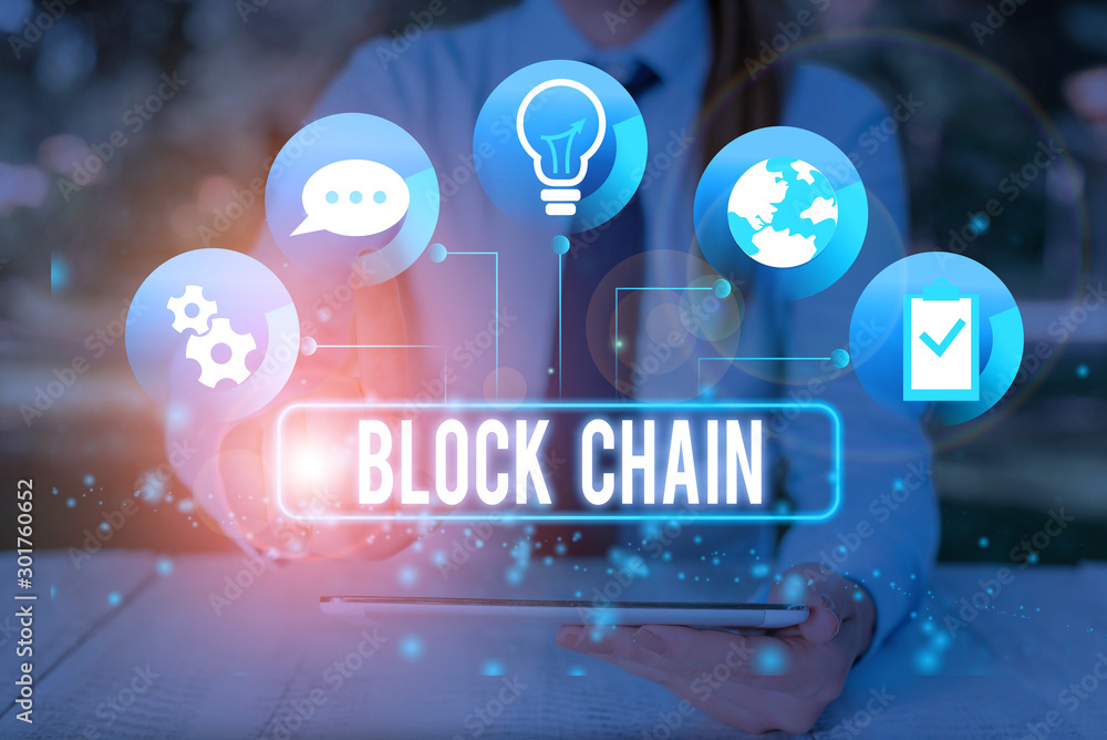 Poster text sign showing block chain. business photo showcasing system in which a record of transactions ma