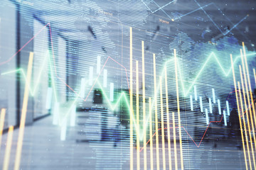 Stock and bond market graph and world map with trading desk bank office interior on background. Multi exposure. Concept of international finance