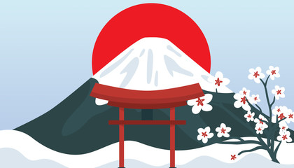Flat vector web banners on the theme of Sakura Japan, mountain, castle, kawaguchiko, snow, temple, pagoda. Flat Vector Illustration. Flat Design Background. Web vector illustration. Vector Background.
