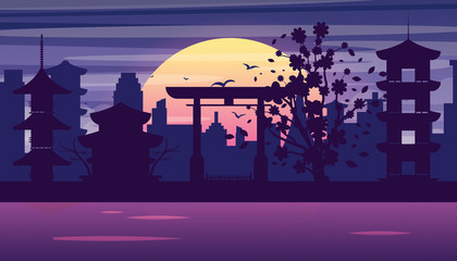 Flat vector web banners on the theme of Sakura Japan, mountain, castle, kawaguchiko, snow, temple, pagoda. Flat Vector Illustration. Flat Design Background. Web vector illustration. Vector Background.