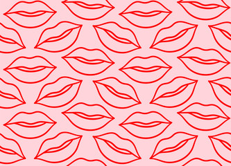 Red line lips kisses seamless pattern on pink background