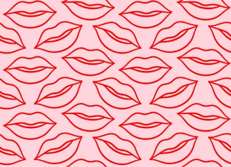 Papier Peint photo Lavable Pour elle Les lèvres de la ligne rouge embrassent le modèle sans couture sur fond rose