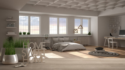 Wooden table, desk or shelf with potted grass plant, house keys and 3D letters home sweet home, over minimal bedroom with bed, architecture interior design, copy space background