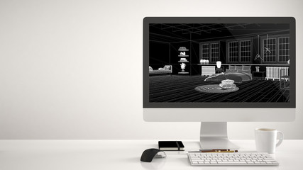 Architect house project concept, desktop computer on white background, work desk showing CAD sketch, modern bedroom withdouble bed and decors interior design
