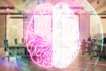 Human brain drawing with office interior on background. Double exposure. Concept of innovation.