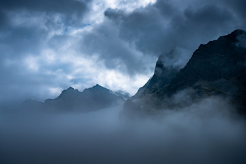 High tatras peaks in the foggy morning.