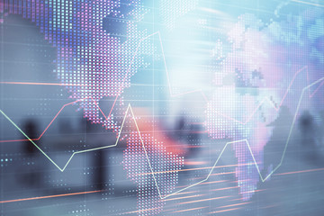 Stock and bond market graph and world map with trading desk bank office interior on background. Multi exposure. Concept of international finance