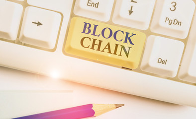 Conceptual hand writing showing Block Chain. Concept meaning system in which a record of...