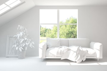 Mock up of stylish room in white color with sofa and green landscape in window. Scandinavian interior design. 3D illustration