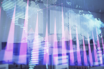 Stock and bond market graph and world map with trading desk bank office interior on background....